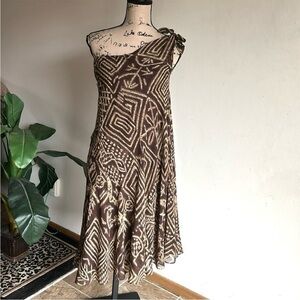 Ralph Lauren One Shoulder Aztec Print Silk Brown Dress Sz 2 NWT